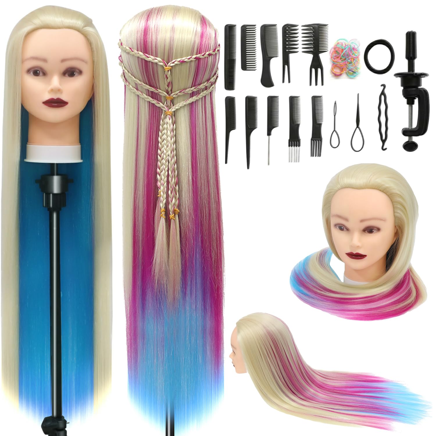 Styling Head 28 inch Hairdresser Training Head 100% Synthetic Fiber Hair Styling Head, Training Head Hairdressing Head with Free Clamp and DIY Braiding Set (Colorful)