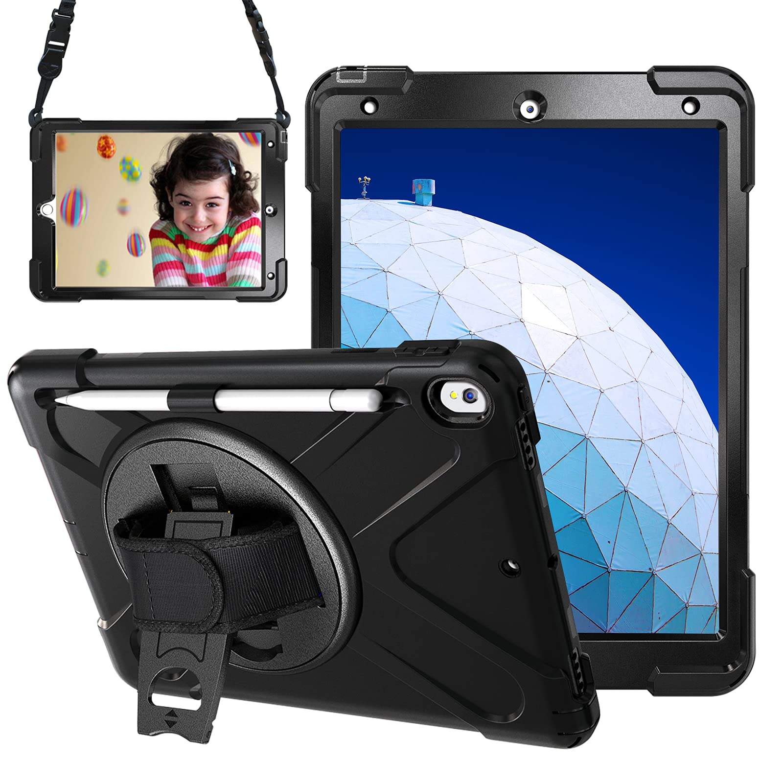 Gerutek for iPad Air 3 Case, iPad Pro 10.5 Case, Heavy Duty Shockproof Rugged Cover with [Pencil Holder] [360 Rotating Stand/Hand Strap] [Shoulder Strap] Cases for iPad Air 3rd Gen/Pro 10.5, Black — image 1