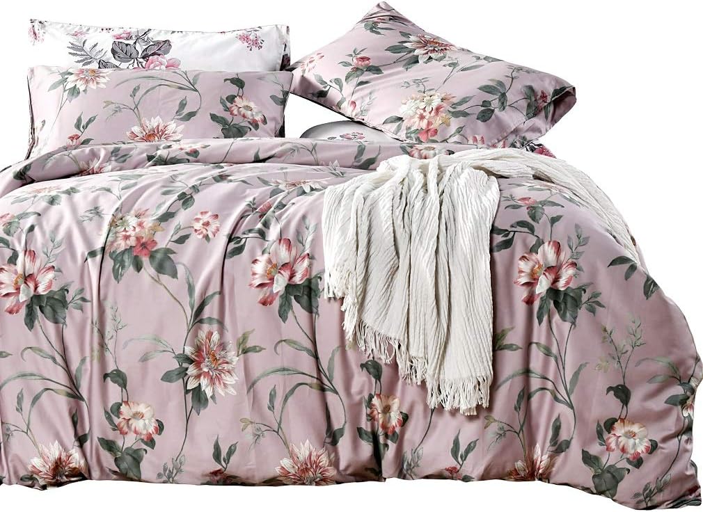 SexyTown King Botanical Duvet Cover Set,100% Egyptian Cotton Bedding, Flower Printed Quilt Cover Zipper & Tie for Women & Girls’s Bedroom 3 Pieces