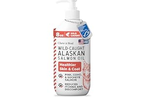 CHEW + HEAL LABS Pure Wild Alaskan Salmon Oil for Dogs - 8 oz. Pump Cap - Toxin Free Dog Fish Oil Rich in Omega-3 and 6, Vitamin D, EPA, and DHA for Healthy Skin and Coat - Pink, COHO, and Sockeye Salmon