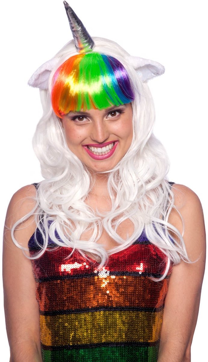 Folat - Unicorn White Wig with Rainbow Fringe - One Size