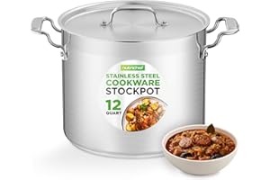 12-Quart Stainless Steel Stockpot - 18/8 Food Grade Heavy Duty Large Stock Pot for Stew, Simmering, Soup, Includes Lid, Dishw