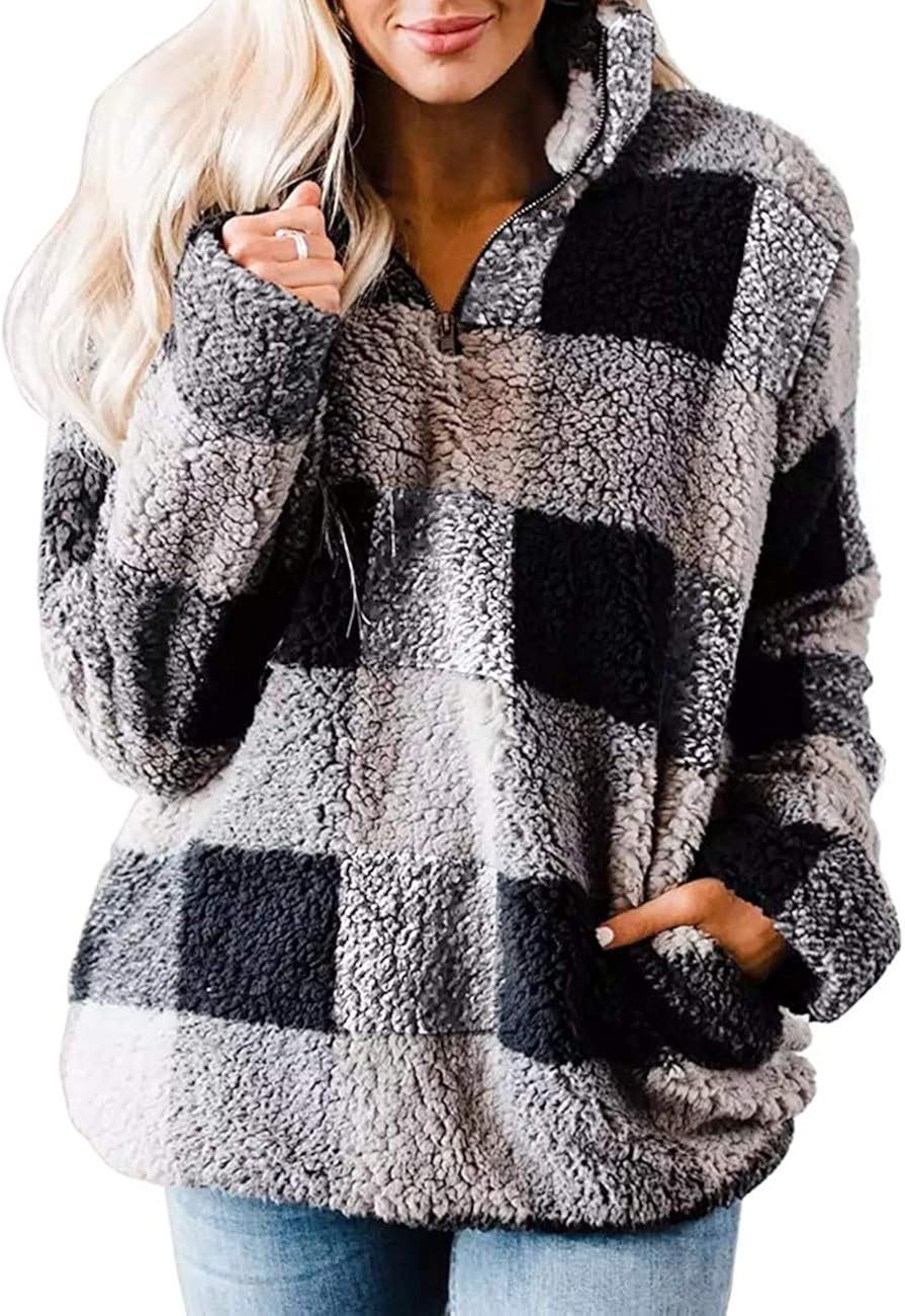 MEROKEETY Women's Plaid Sherpa Fleece Zip Sweatshirt Long Sleeve Pockets Pullover Jacket: Clothing