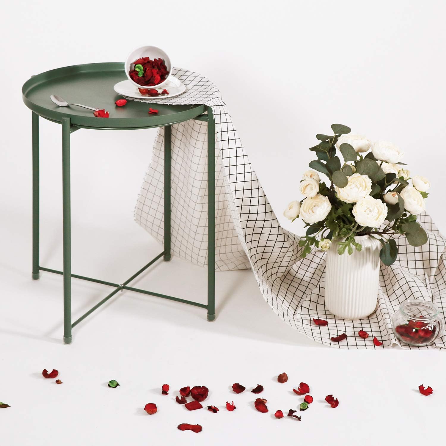 Side Table Small Metal End Table Round Tray Foldable Accent Coffee Table for Living Room Bedroom（18.3”×20.5”Green）: Kitchen & Dining