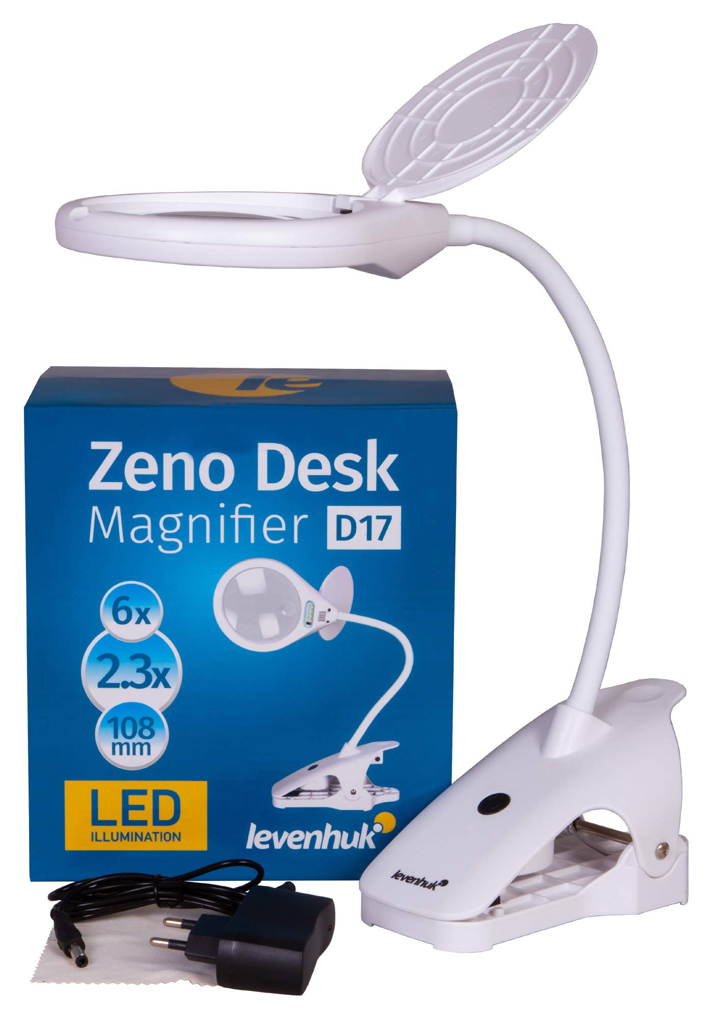 Levenhuk Zeno Desk D17 Magnifier – LED Light Magnifying Glass with Clamp Holder to Attach to Any Surface