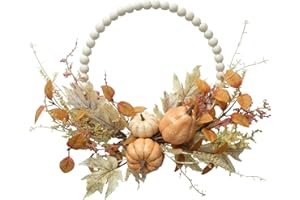 Floribus Autumn Wood Bead Pumpkin Fall Wreath for Front Door Wreath, 16" Pumpkin and Berries Wreath for Farmhouse Wall Thanksgiving, Fall Season Decor