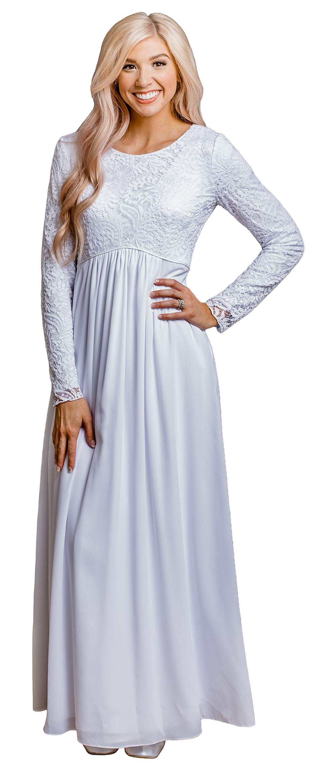 Photo 1 of White Elegance Women's Modest White Full Length Long Sleeve Special Occasion Dress with Lace Bodice and Empire Waist - Regular M