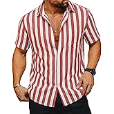 Runcati Mens Striped Button Down Shirts Casual Short Sleeve Linen Shirt Summer Beach Vacation Tops