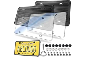 ZXFOOG License Plate Frames Covers- Clear Flat Car Tag Cover with Black Silicone Holder, 2 Sets Unbreakable Transparent Protectors for Front Rear, with Screws Caps