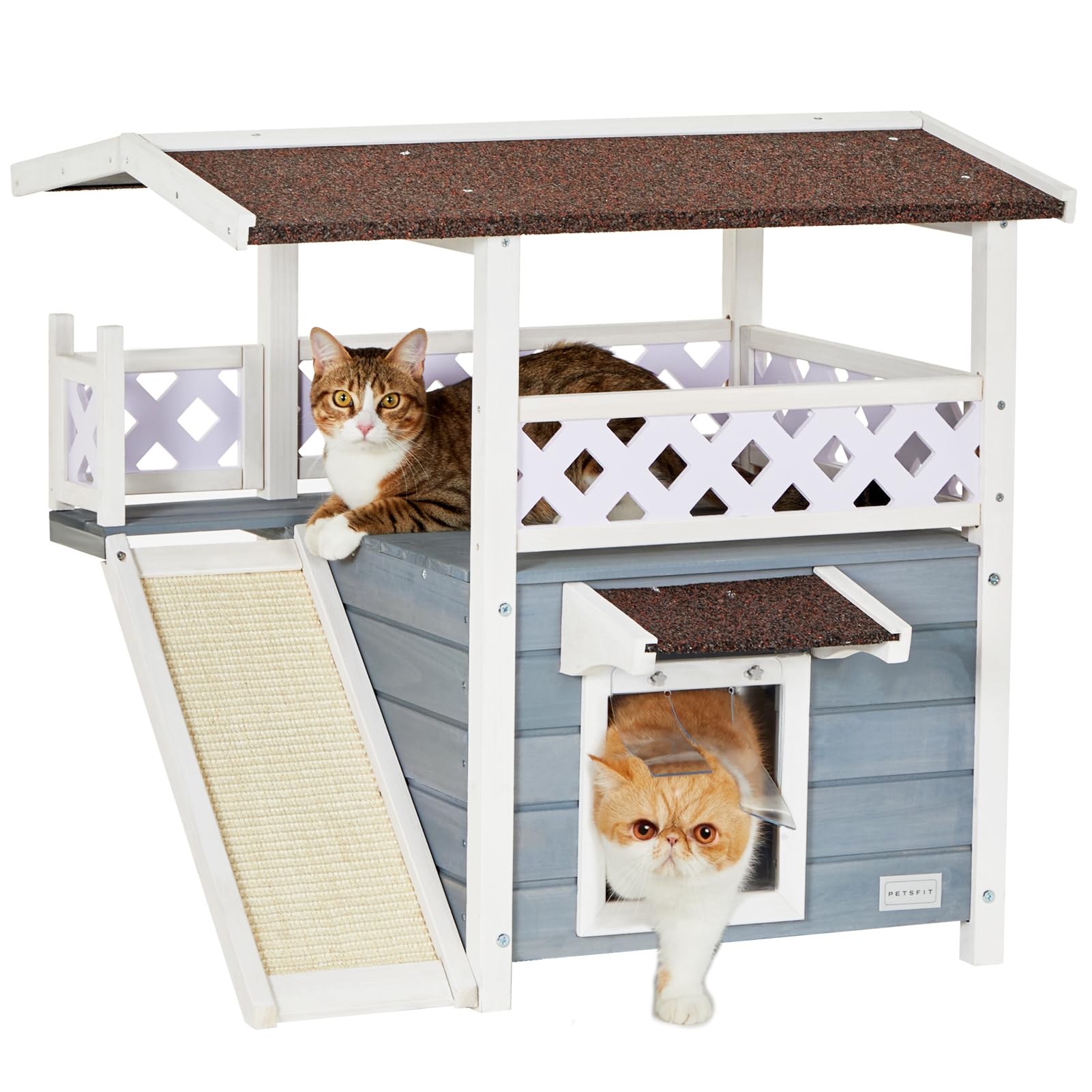 Petsfit Cat Outdoor House Waterproof, Outdoor Cat House, with Scratch Board, 2 Story Design with Escape Door Perfect for Multi Cats, Outside Cat House Gray