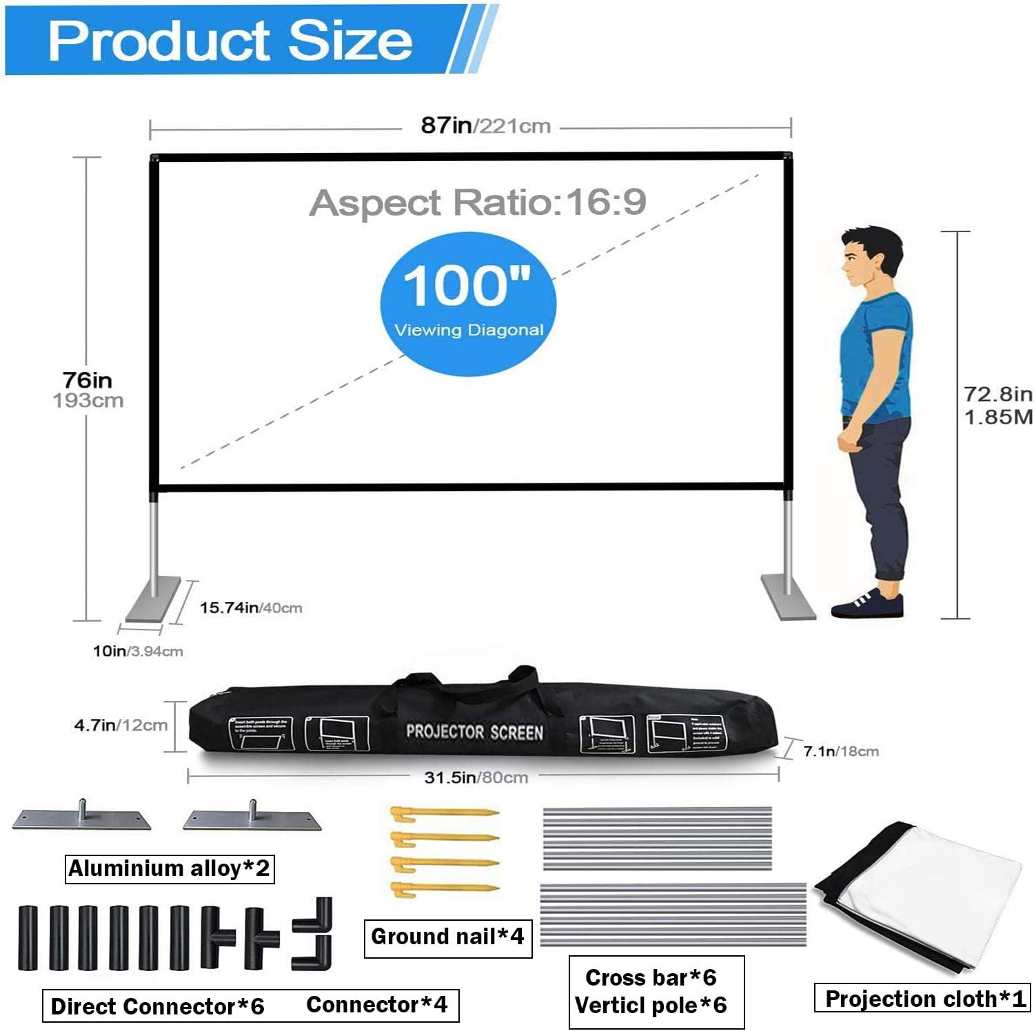 JinHuiCheng Projector Screen with Stand Portable Projection Screen 16:9 for Indoor Outdoor Home Theater Backyard Cinema Trave (100inch): Home Audio & Theater