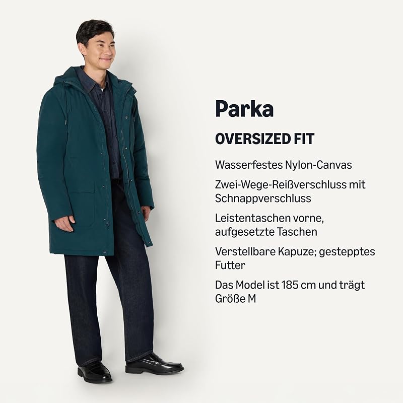 Herren Moderner Oversized Fit Parka Jacke mit Kapuze, Dark Teal Green, M