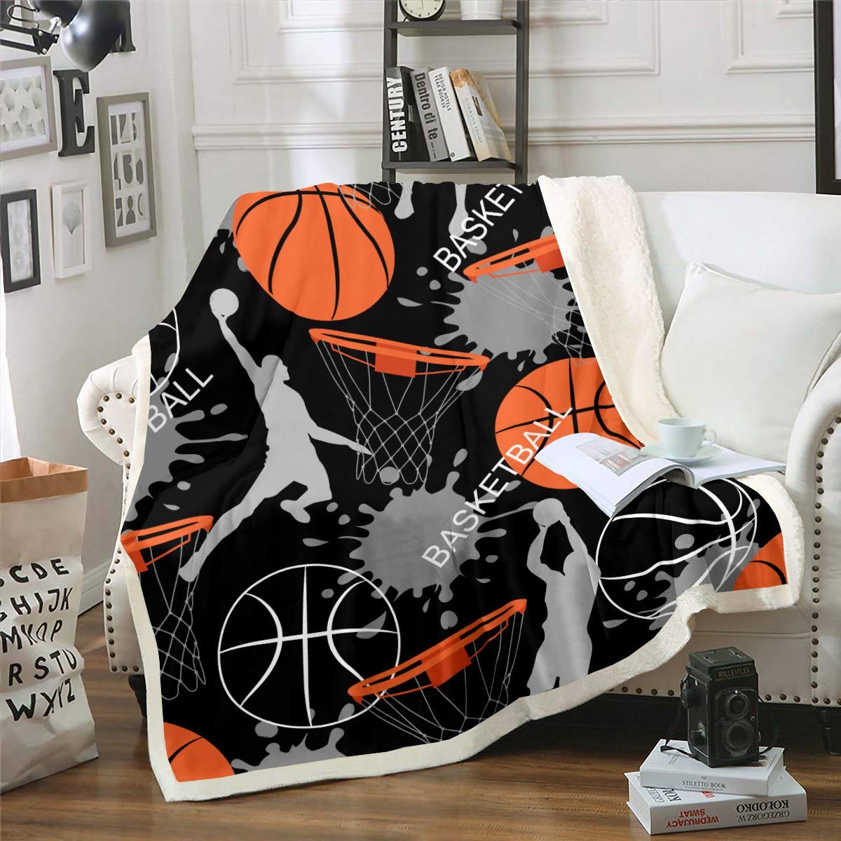 Sports Basketball Fleece Throw Blanket Star Slam Dunk Sherpa for Kids Boys - 3D Pattern Plush Watercolor Printed Fuzzy for Sofa Bed Couch Single 50x60 Inch