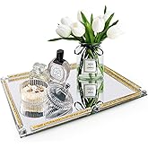 YCWF Large Mirror Perfume Tray for Dresser,Crushed Diamond Filled Glass Vanity Tray,Gold Decorative Bathroom Tray,Crystal Tray for Home Decorative,Party,Hotel Banquet,15.7x11.8x1.4inch,Gold