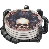 Ebros Gothic Alchemy Clutch of The Dead Skeleton Hand Resin Coaster Figurine Holder with 4 Skull Raven Tile Coasters Set Furniture Protector Ossuary Macabre Halloween Spooky Home Decor Accent