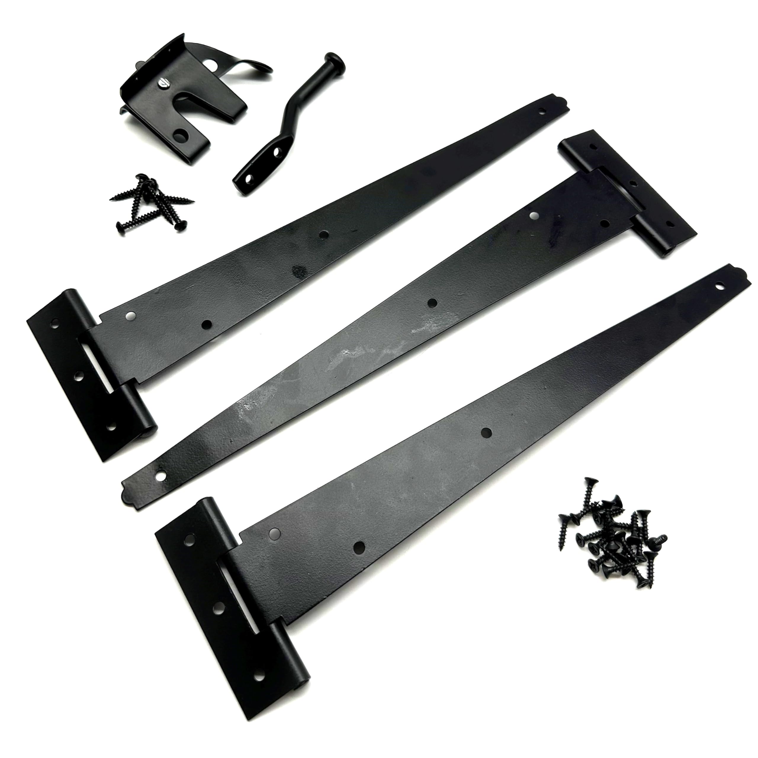 Garden Gate Hinge Pack. 3PK of 12" Black Tee Hinges, Auto Close Latch and All Fixings. Hanging Kit for Garden Gates, Sheds and Doors. Japanned Corrosion and Weather Resistant External Hinge Set.