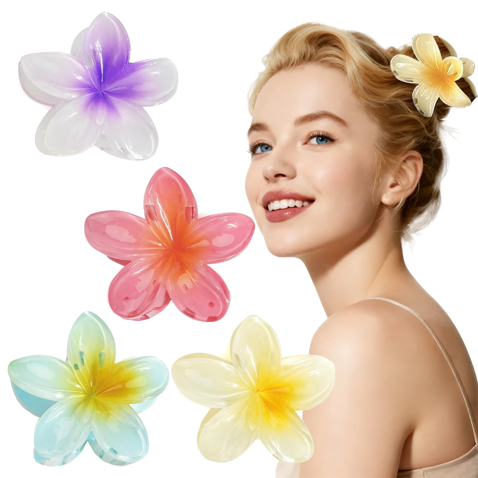 Norhogo 4Pcs 3 Inch Flower Hair Clip, Hawaiian Plumeria Flowers Hair Claw Clips, Bright Color Flower Clips, Nonslip Claw Clips for Medium Thick Hair Hair Claw Clips for Women and Girls