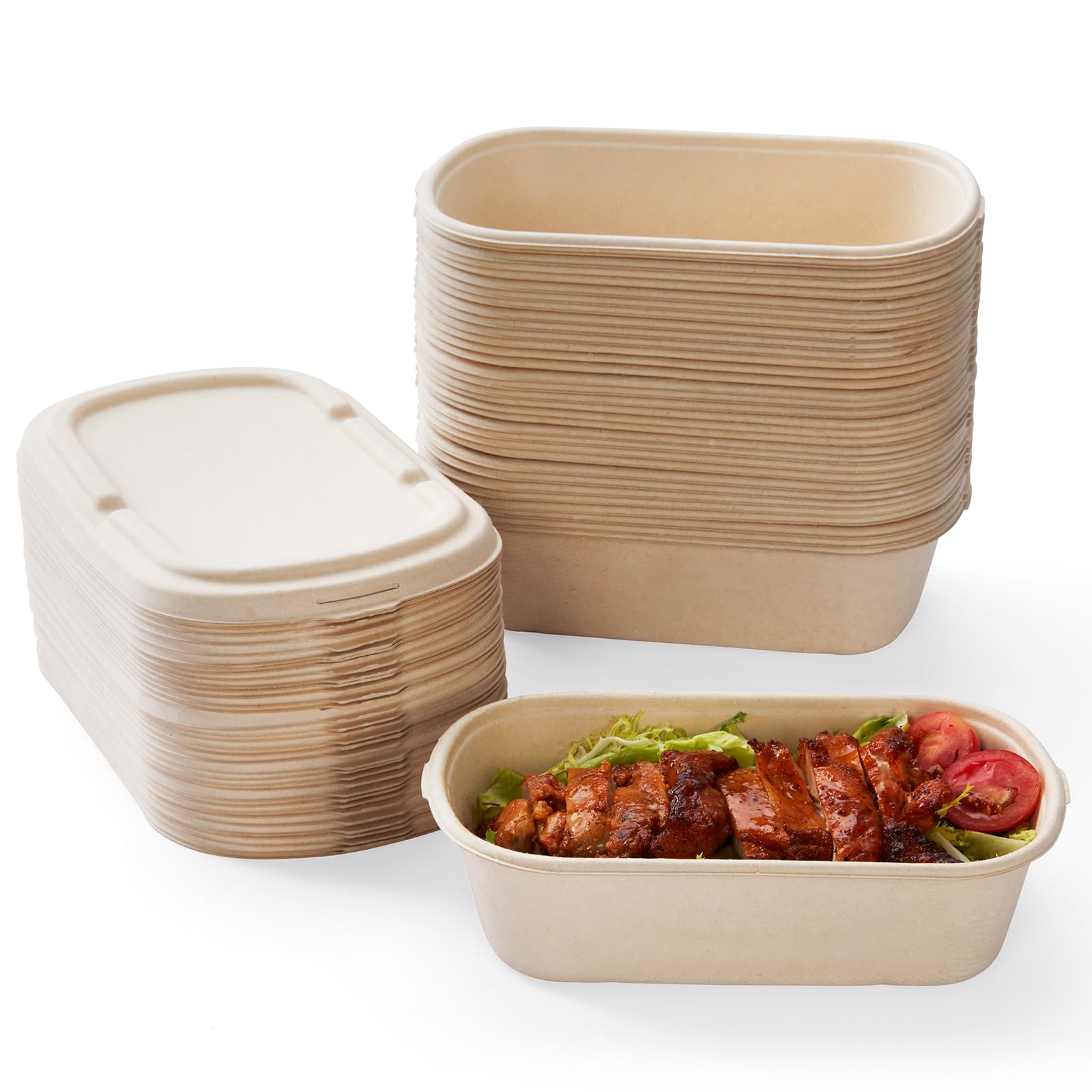 Photo 1 of ** NO LIDS** 
HorizonNest [100% Eco-Friendly] Disposable Food Containers with Lids – Sugarcane Pulp Take Out Boxes, Biodegradable, Compostable, Microwave Safe Lunch Containers – Pack of 50 (24 OZ)