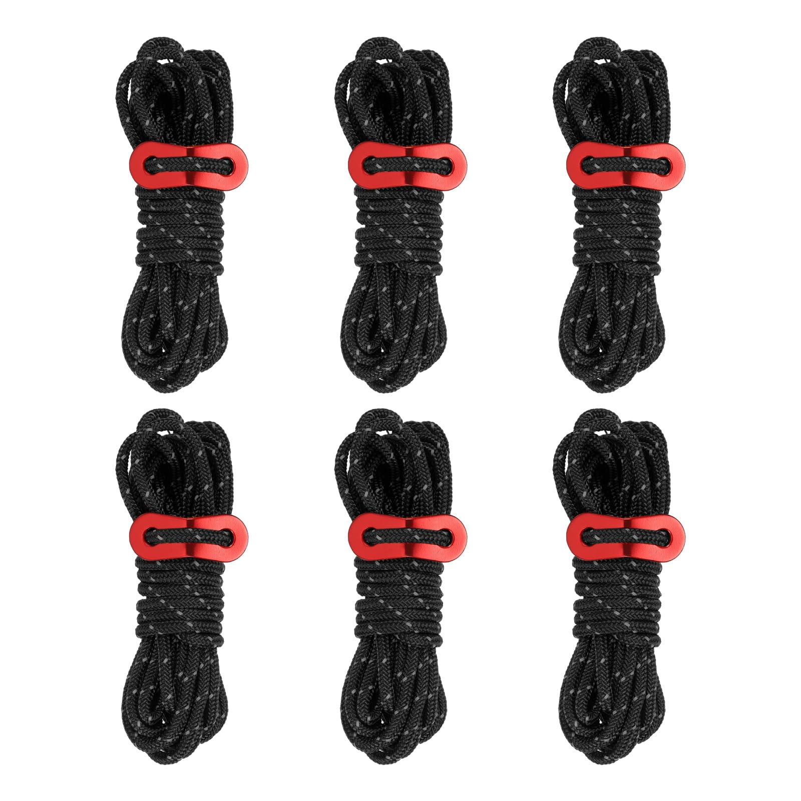 PATIKIL 4mm Tent Rope, 6 Pack 13ft Reflective Guyline Cord Tied Downs Rope Paracord Cord Camping Ropes with Red Aluminum Cord Adjusters for Camping Hiking Tent, Black