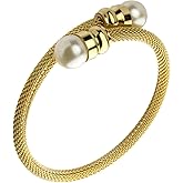 555Jewelry Adjustable Twisted Cable Wire & Pearls Bangle Bracelet Cuff for Women