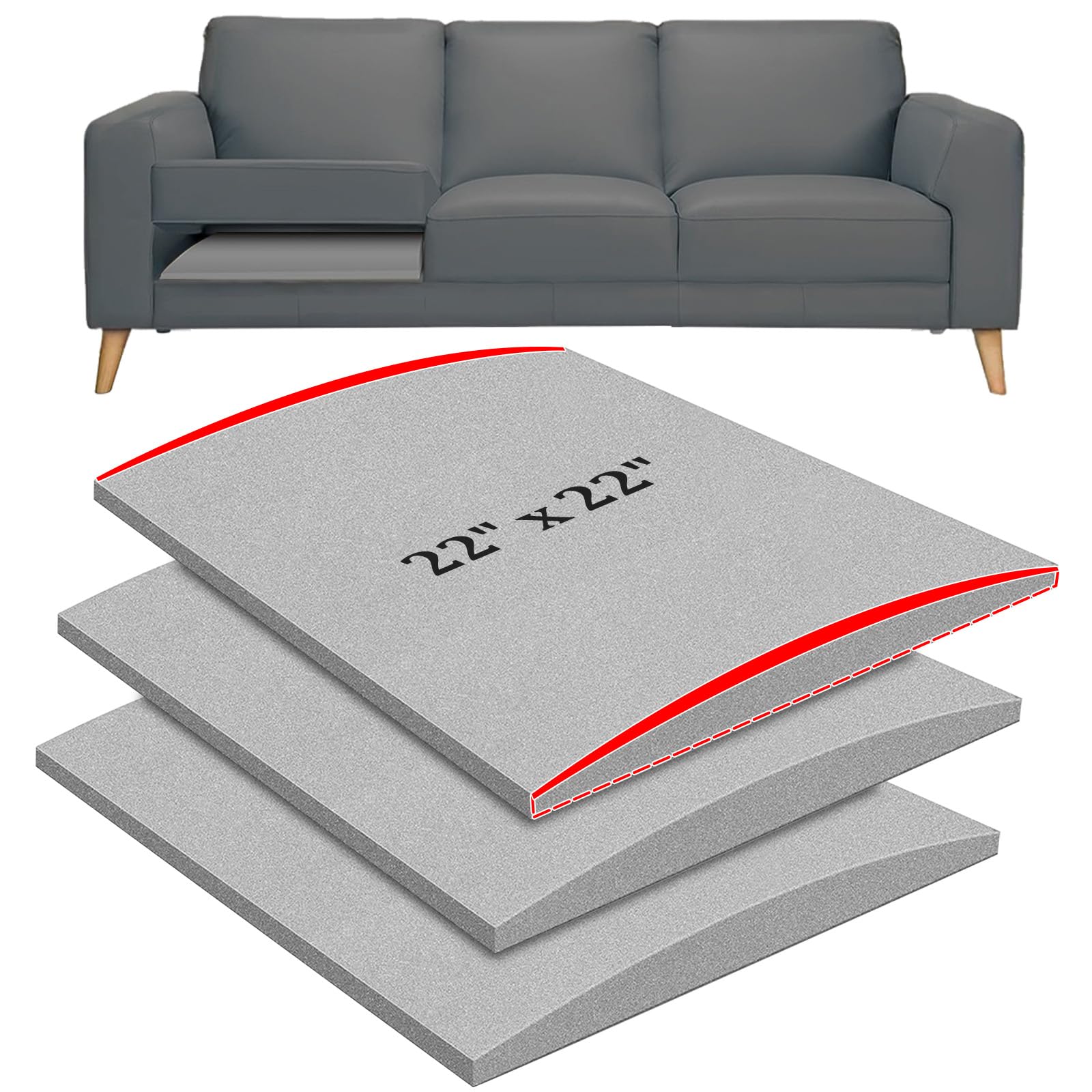Photo 1 of 22" x 22" Couch Cushion Support for Sagging Seat, 3 PCS Large Size Insert Sofa Cushion Support Board for Better Lift, 45D High-Density Foam Couch Replacement for Furniture Seat Sagging Repair, Grey