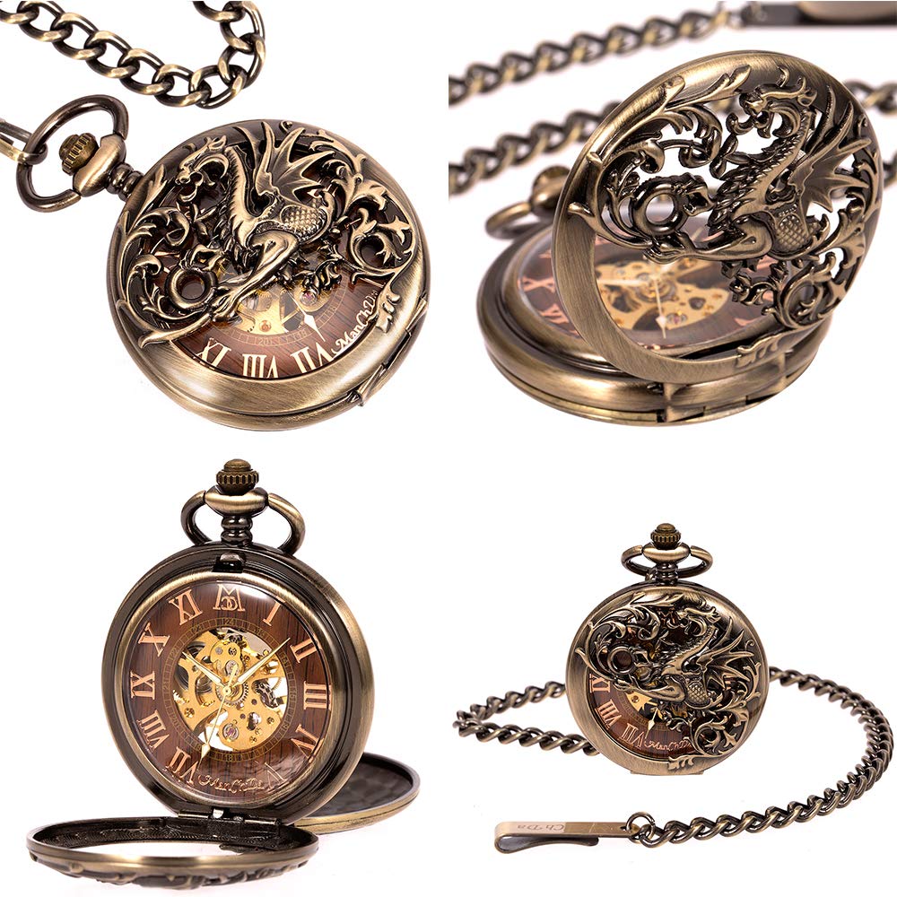 ManChDa Mens Skeleton Mechanical Pocket Watch Bronze Dragon Hollow Double Hunter Roman Numerals Dial with Chain and Gift Box