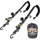 PowerTye 1.5in x 7ft Rubber Handle Ratchet Straps with SHEEPTEX Synthetic Sheepskin Soft-Tye w/Heavy Duty Latch-Hooks - 1,200 lb. WLL / 3,600 lb. Breaking Strength - Made in USA, Black (Pair)
