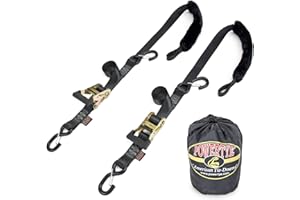 PowerTye 1.5in x 7ft Rubber Handle Ratchet Straps with SHEEPTEX Synthetic Sheepskin Soft-Tye w/Heavy Duty Latch-Hooks - 1,200 lb. WLL / 3,600 lb. Breaking Strength - Made in USA, Black (Pair)