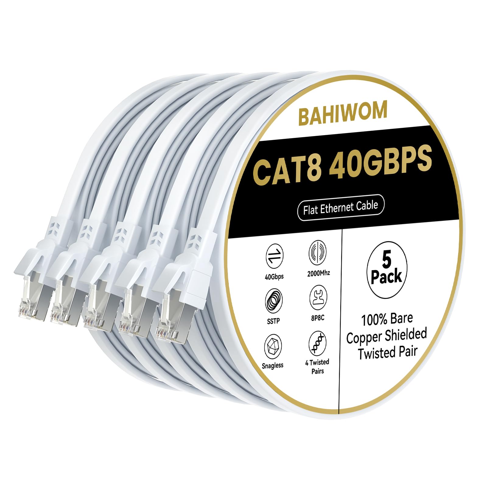BAHIWOM Cat8 Ethernet Cable - 0.25m (5 Pack), 40 Gbit/s 2000 MHz LAN Network Cable, Compatible with Router, PC, Laptop - White — image 1