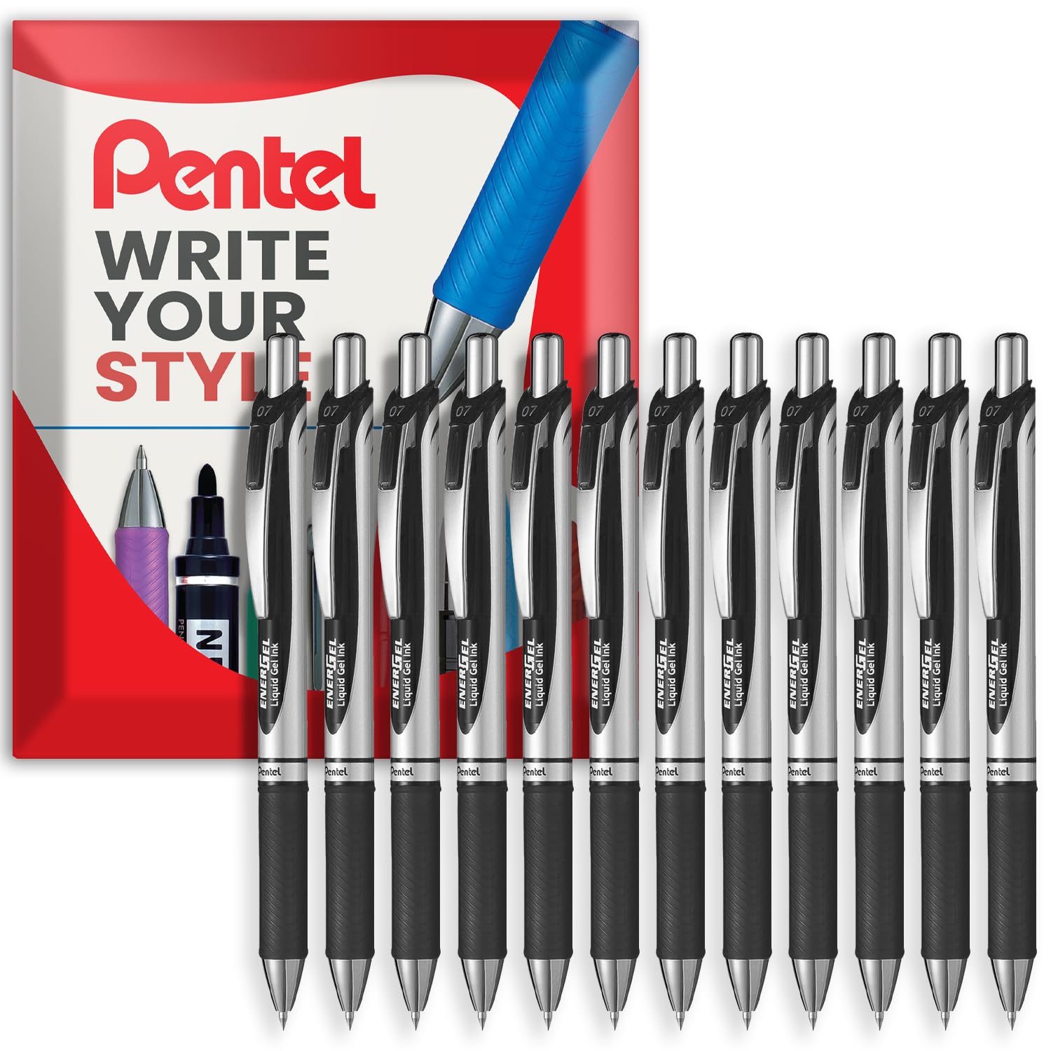 Pentel EnerGel XM BL77 - Retractable Liquid Gel Ink Pen - 0.7mm - 54% Recycled - Black Ink - Pack of 12 in Envelope Gift Packaging