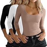 Ficerd 3 Pack Women's 3/4 Sleeve Shirts, Scoop Neck Slim Fit Tops Soft U Neck Knit Fitted Basic Tees Blouses