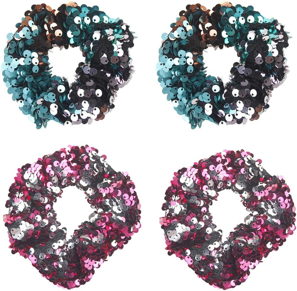 KINFENE4 Pcs Mermaid Sequin Hair Scrunchies Hair Bobbles Two-tone Elastics Ponytail Holders Hair Wrist Ties Bands Scrunchies for Show Gym Dance Party Cosplay for Girl Women (Turquoise+Pink)