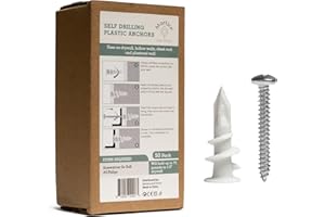 MORTICE AND TENON Mortice & Tenon Plastic Drywall Anchors with Screws – 50 Pack Self-Drilling Dry Wall Anchors, No Pre-Drill Needed | 75 lb Hold, #8 x 1.25” Anchor Screws, Wall Anchors for Drywall Kit