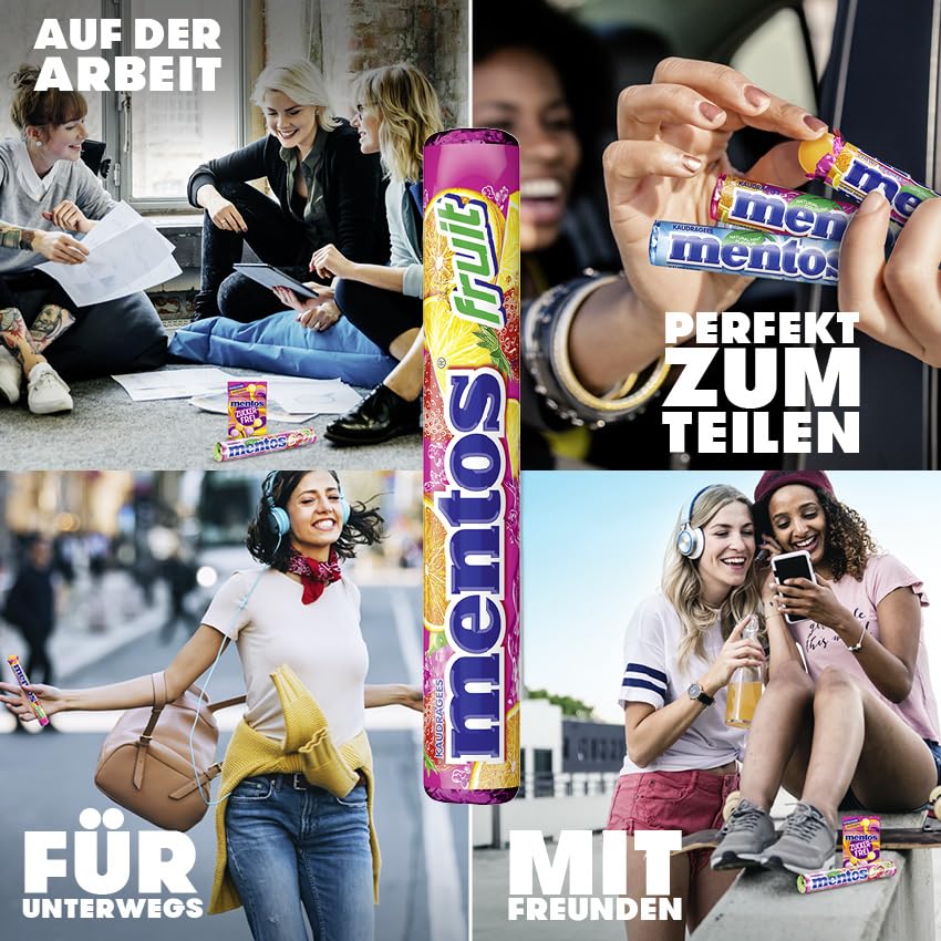 Mentos Fruit Dragees, Frucht-Bonbons Orange, Zitrone und Erdbeere, Kaubonbons mit fruchtigem Geschmack, Süßigkeiten (3 Rollen), vegan 4