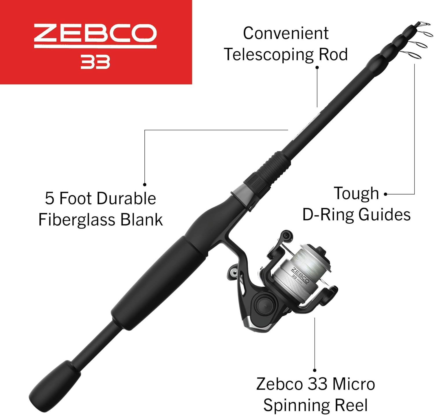 Amazon Com Zebco 33 Telescopic Spinning Reel And Fishing Rod Combo Convenient 5 Foot Telescoping Rod Made With Durable Fiberglass Pro Style Handle Grip And Quickset Anti Reverse Fishing Reel Black Sports Outdoors