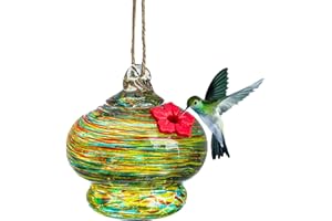 QFkris Blown Glass Hummingbird Feeder for Outdoors Hanging, 2.9" Small Hummingbird Feeder with Flower Feeding Ports, Bird Feeder for Outside Garden Backyard Decor, Gifts for Women Mom Green