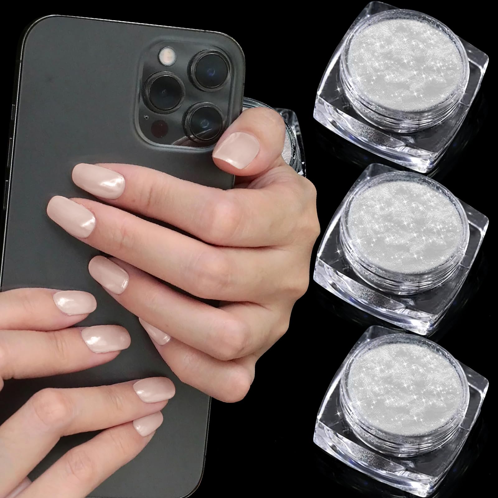 3Boxs White Pearl Chrome Nail Powder - GJNL High Gloss Glassy White Pearl Pigment Powder for Nails, Pearlescent Glazed Doughnut Glitter Powder, Nail Powder