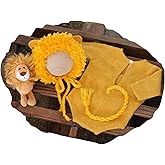 Vemonllas Newborn Photography Props Lion Outfits Boy Girl Knitted Bonnet & Romper with Lion Costumes Infant Baby Photoshoot