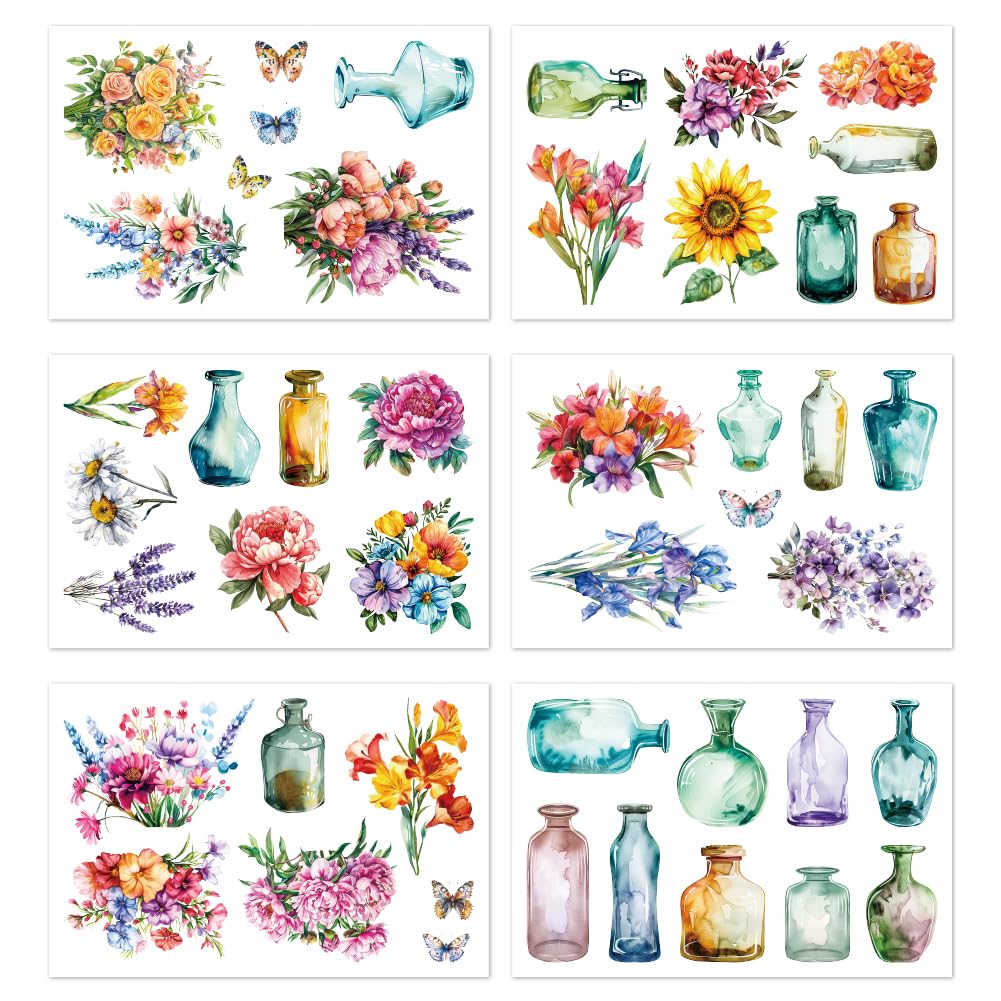 Peacoblue Reusable Window Static Clings Stickers Decal 20cm×30cm, 6 Sheets with 46PCS Vase and Flowers Patterns Removable Double Sided Window Sticker Cling Home Office Decor for Glass Windows Mirror