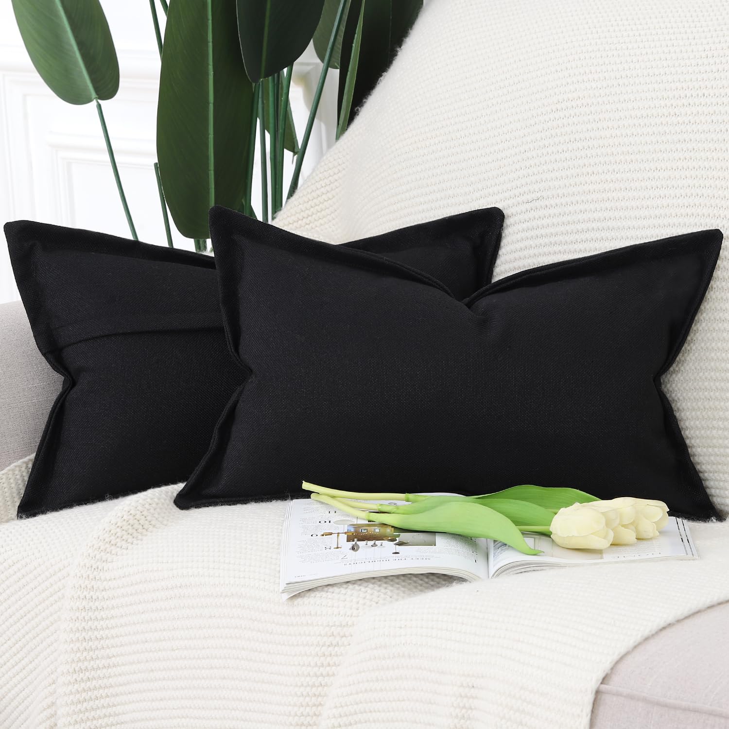 Madizz Set of 2 Faux Linen Cushion Covers with Broad Edge Soft Boho Decorative Pillow Cases for Sofa Bedroom Modern Pillow Shell 12x20 inch, 30x50 cm Black