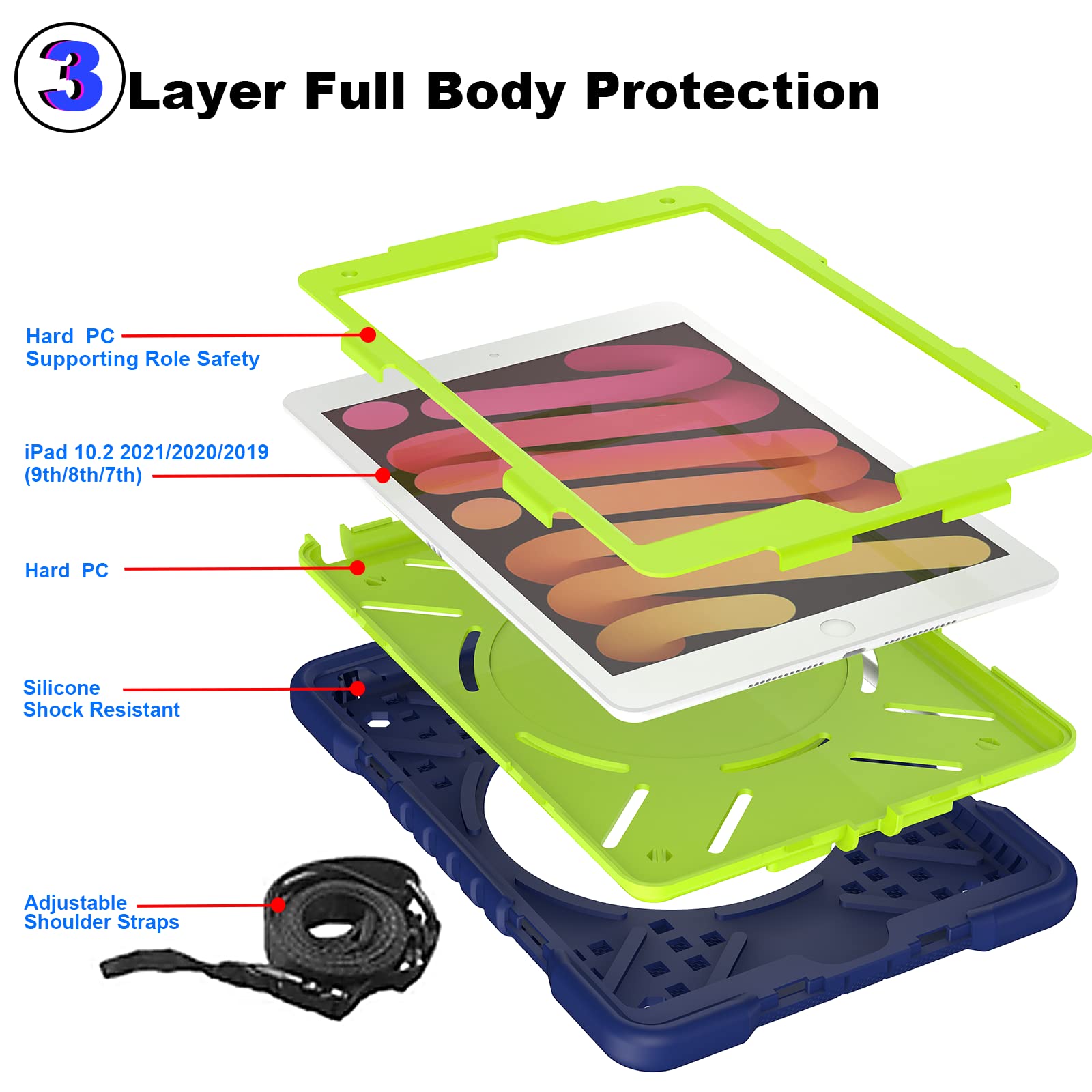 Andnary Case for iPad 9th/8th/7th Generation 10.2 inch, Shockproof Cover with Screen Protector/360° Rotating Handle/Bracket/Pen Holder/Shoulder Strap, Kids Case for iPad 2021/2020/2019 (Navy+Green)