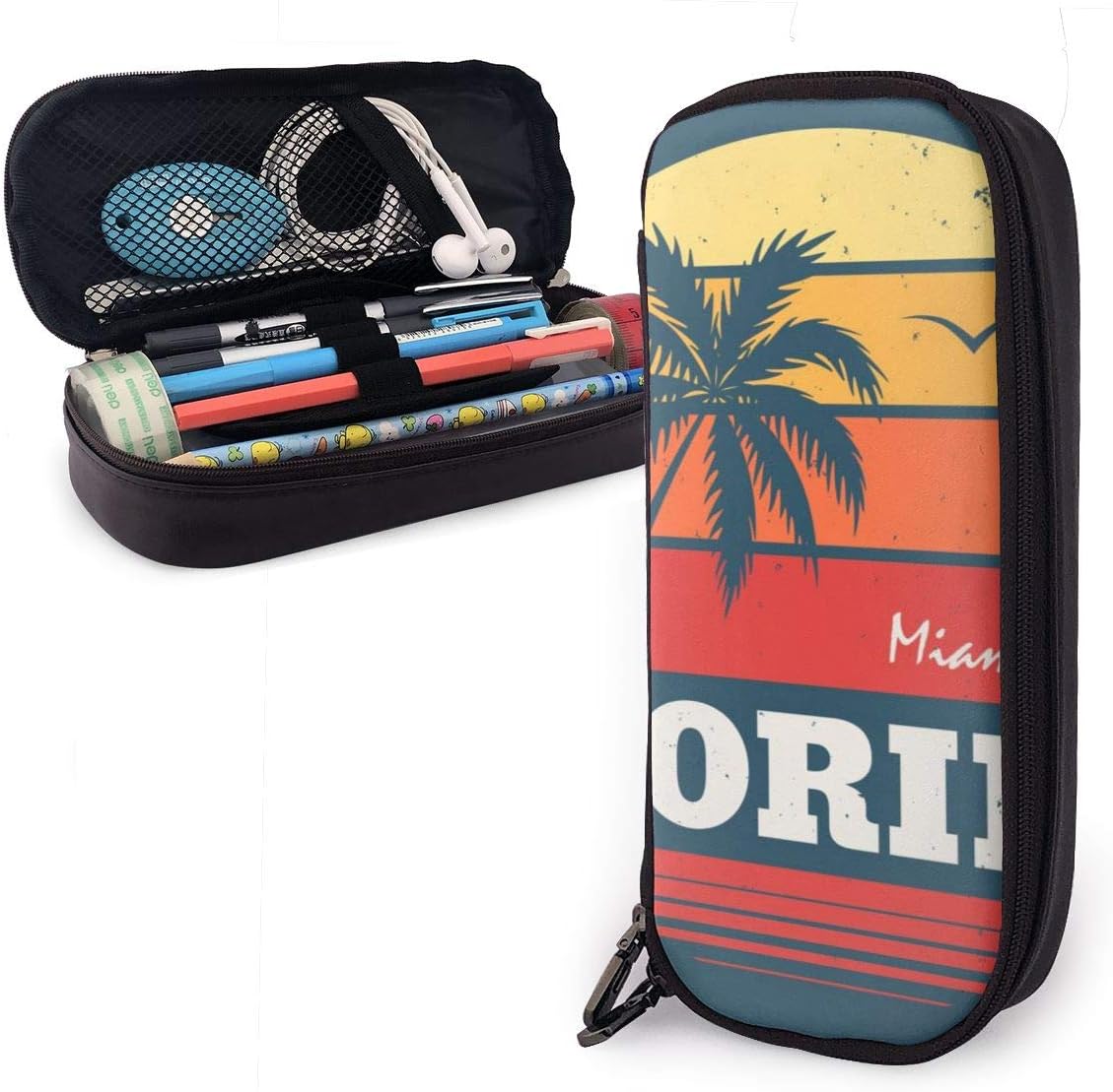 Miami Beach Florida with Palm Tree Print PU Leather Pencil Case Pen Bag for Boys Girls,High Capactiy Double Zipper Pen Case Box Makeup Pouch Coin Bag for Stationery School Student Work
