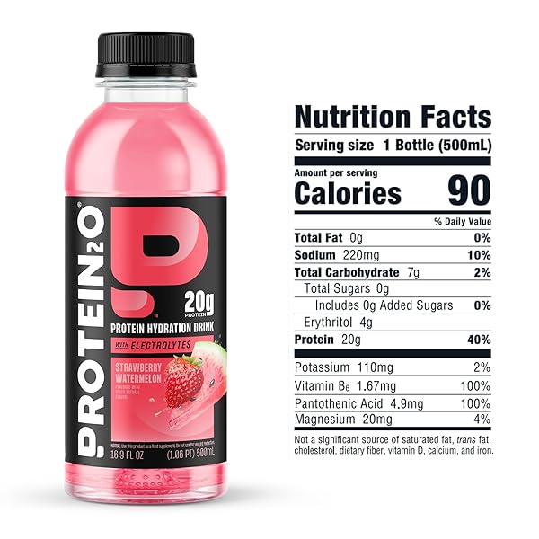 PROTEIN2O 20G WHEY PROTEIN ISOLATE HYDRATION DRINK, 350MG OF ELECTROLYTES, VITAMINS B5 & B6, SUGAR FREE, STRAWBERRY WATERMELON, 16.9 OZ BOTTLE (12 COUNT)
