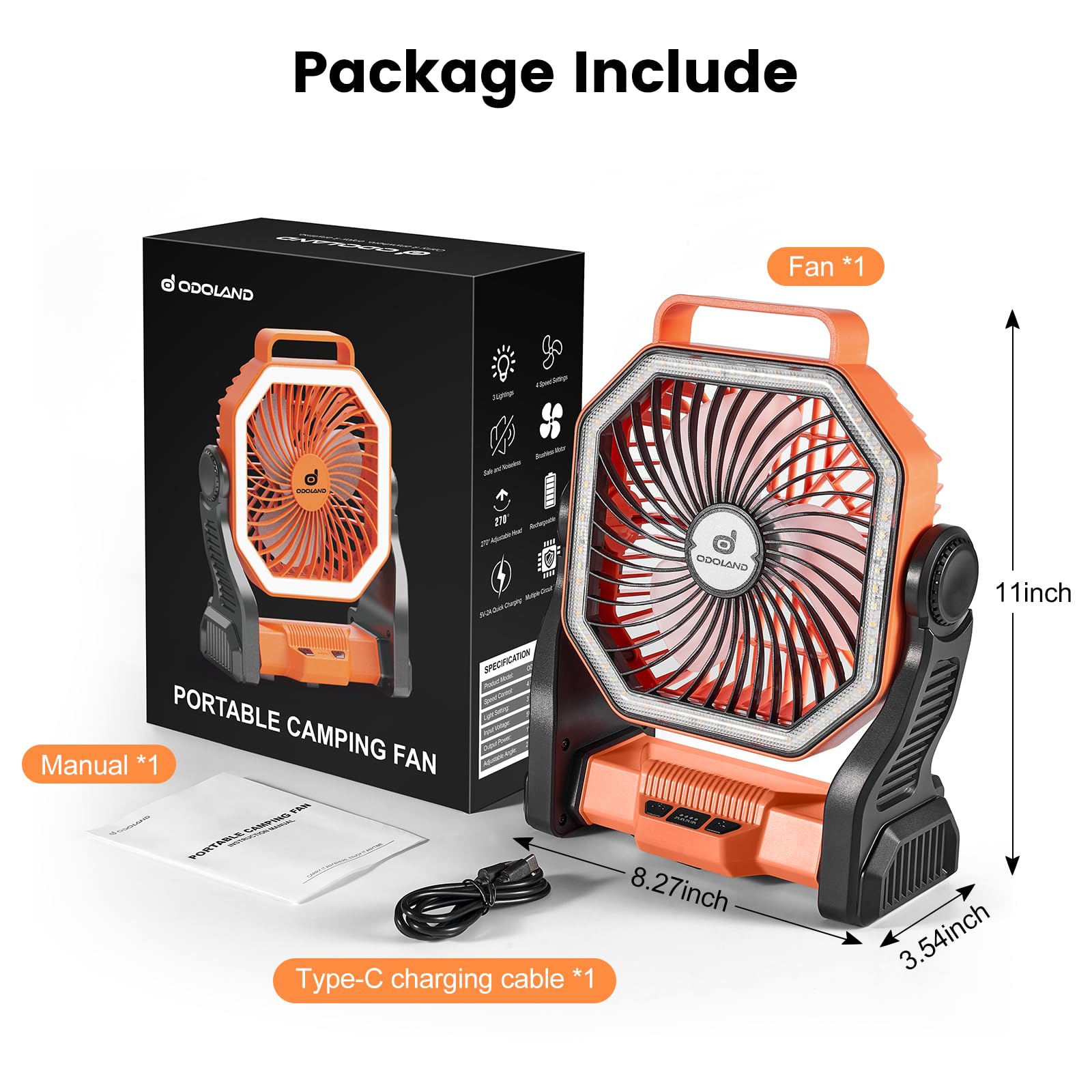 Odoland Rechargeable Camping Fan, 20000mAh Battery Fans with LED Lantern for Tent Car Beach Storm, Portable Light Desk Cooling Fan for Picnic Power Outage Hurricane, Orange