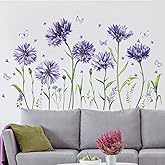 Purple Floral Wall Sticker Peel and Stick Flower Butterfly Wall Decal Green Plant Leaf Wall Art Mural Daisy Flowers Wall Stickers for Bedroom Decor