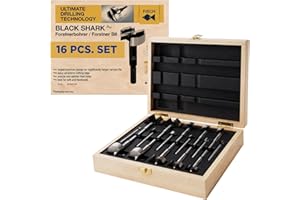 Fisch FSA-367208 16 Piece Black Shark Forstner Drill Bit Set Custom Wooden Box Includes Bits from 1/4-inch up to 2-1/8-inch D
