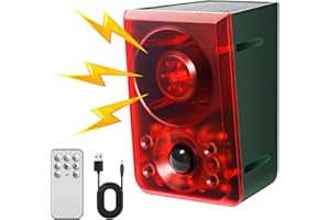 OUDAER Solar Outdoor Motion Sensor Alarm - Dog Barking & Gunshot Sound, Support Recording and Volume Adjustment, 130dB Noise with Flashing Light to Deter Raccoon, Deer, Skunk, Bear, Coyote