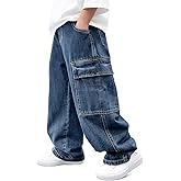 Haloumoning Boys Cargo Jeans Kids Baggy Elastic Waist Wide Leg Denim Pants with Pockets 5-14 Years