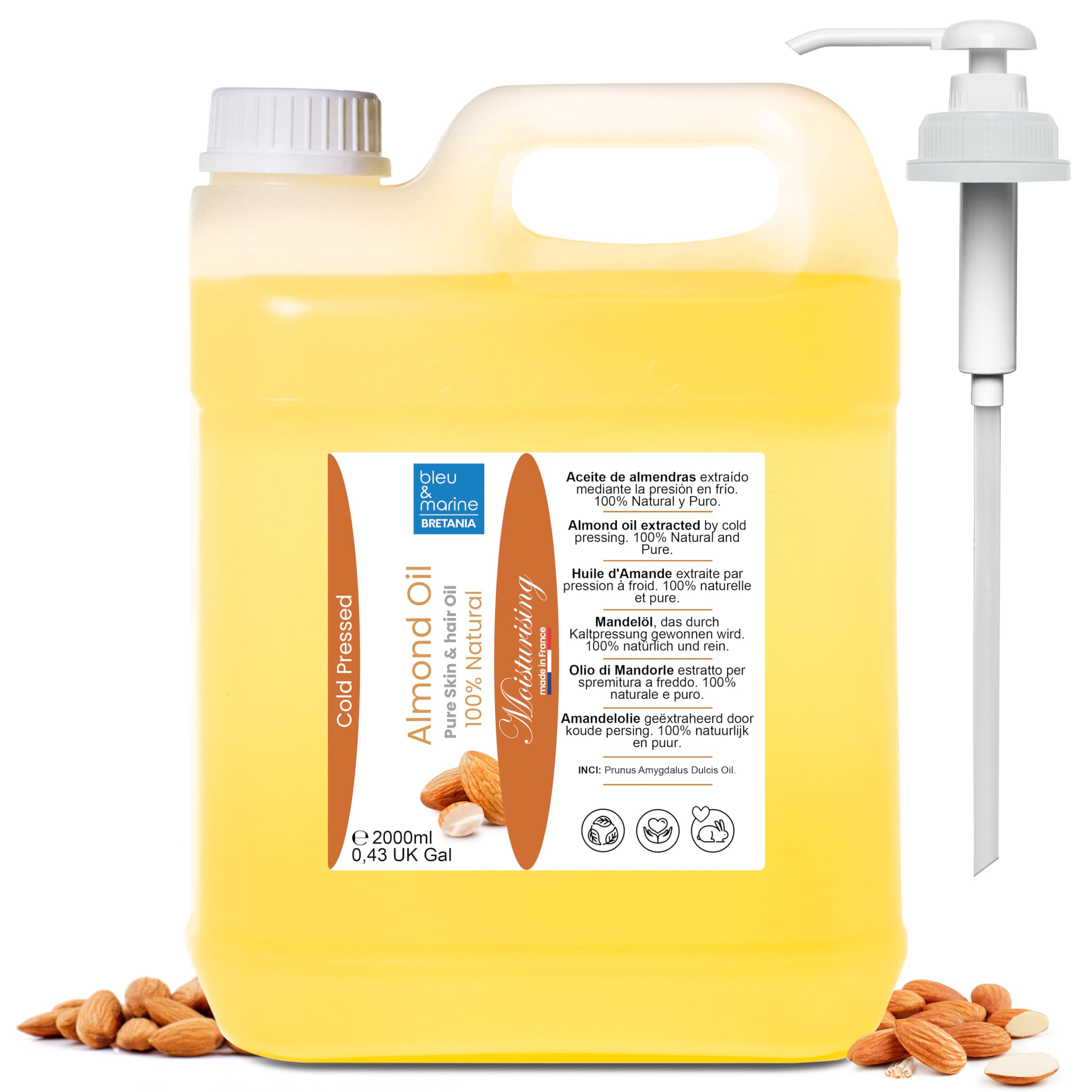 Pure Cold Pressed Sweet Almond Oil, Vegetable Massage Oil, Body & Face Oil, Hair Moisturiser, Baby Skin Softener, Anti Stretch Marks, Natural Breast Firming, 2000 ml 70.39fl oz