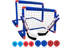 Pandahero Mini Hockey Goal Set for Kids – Indoor Knee Floor Hockey Kit with 2 Goals, 4 Mini Sticks & 8 Soft Foam Balls and Pucks – Hockey Toy Set for Boys & Girls with Hockey Net
